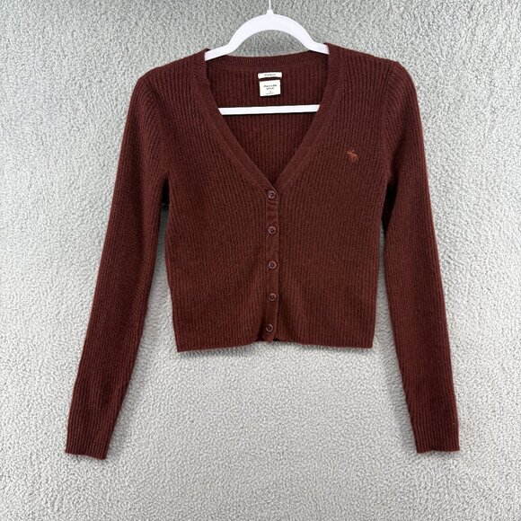 Abercrombie & Fitch Cashmere Feel Ribbed Button Cardigan Sweater Brown Small - Picture 2 of 9
